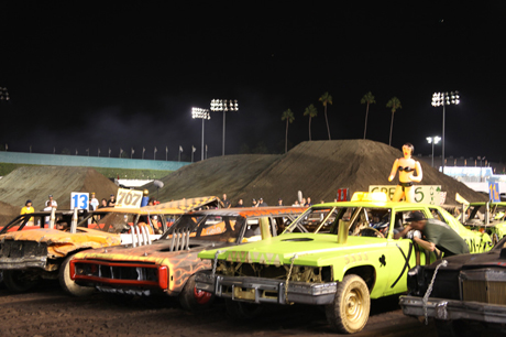 The start of a Demolition Derby race